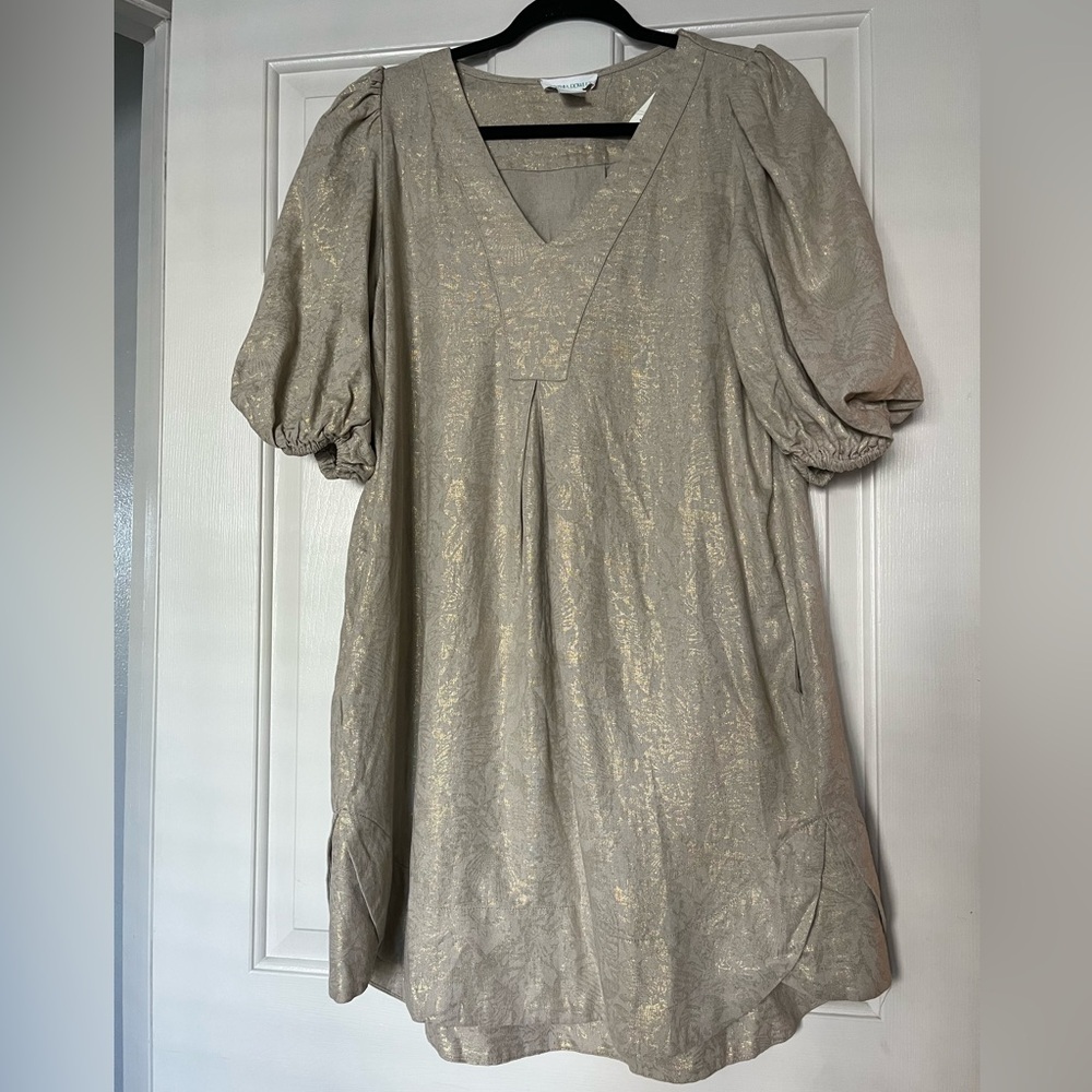 Cynthia Rowley Metallic Ivory Gold-Accent Puff Sleeve Midi Dress | Small